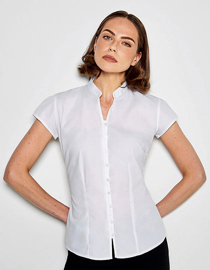 Tailored Fit Mandarin Collar Poplin Blouse Cap Sleeve (K727)