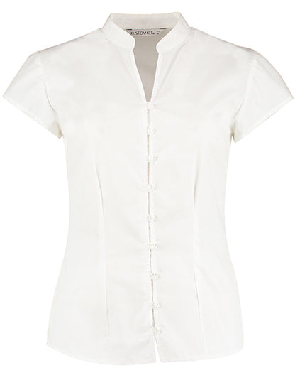 Tailored Fit Mandarin Collar Poplin Blouse Cap Sleeve (K727)