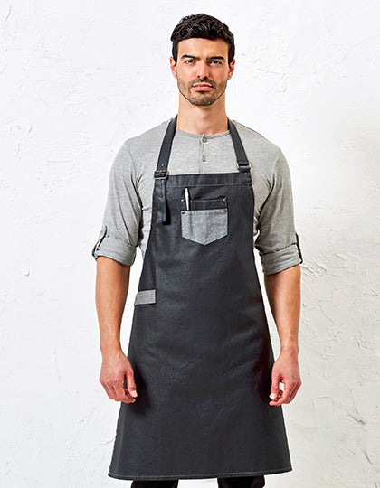 Division Waxed Look Denim Bib Apron With Faux Leather (PW136)
