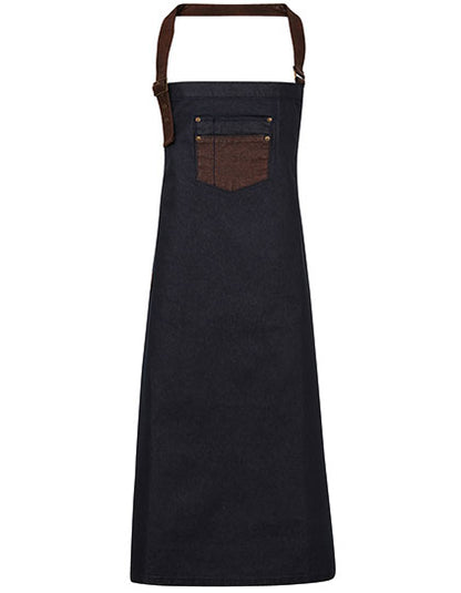 Division Waxed Look Denim Bib Apron With Faux Leather (PW136)